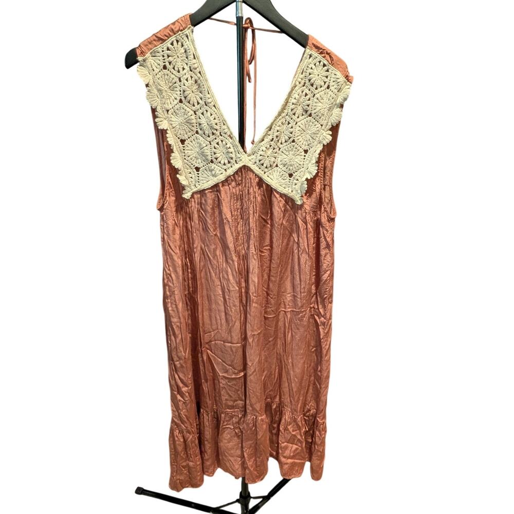 Anthropologie XL Rust Satin Midi Dress Ivory Crochet Lace Collar Boho